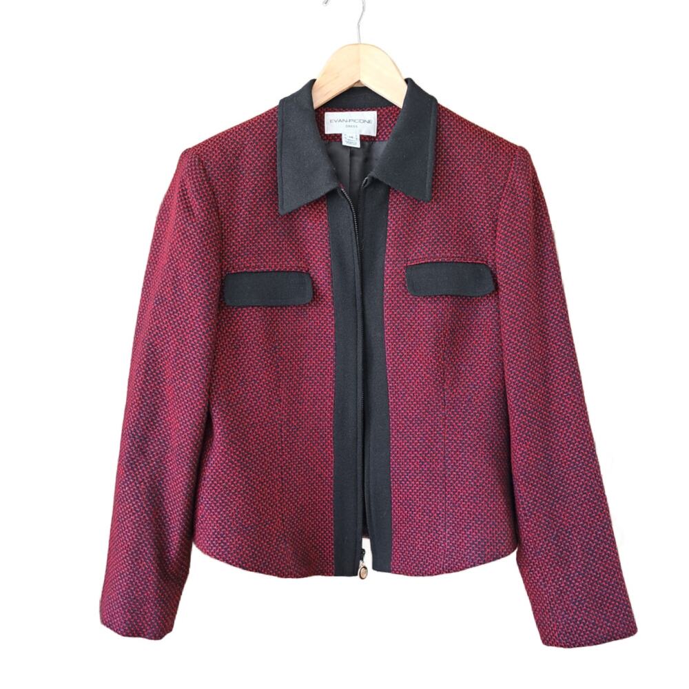 Evan-Picone Vintage Wool Blend Skirt Suit Set Metallic Red Black Tweed Size 14 - Picture 6 of 9